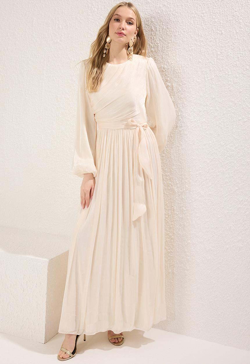 Trendyol - Girdle Glitter Lined Chiffon Dress - Ecru