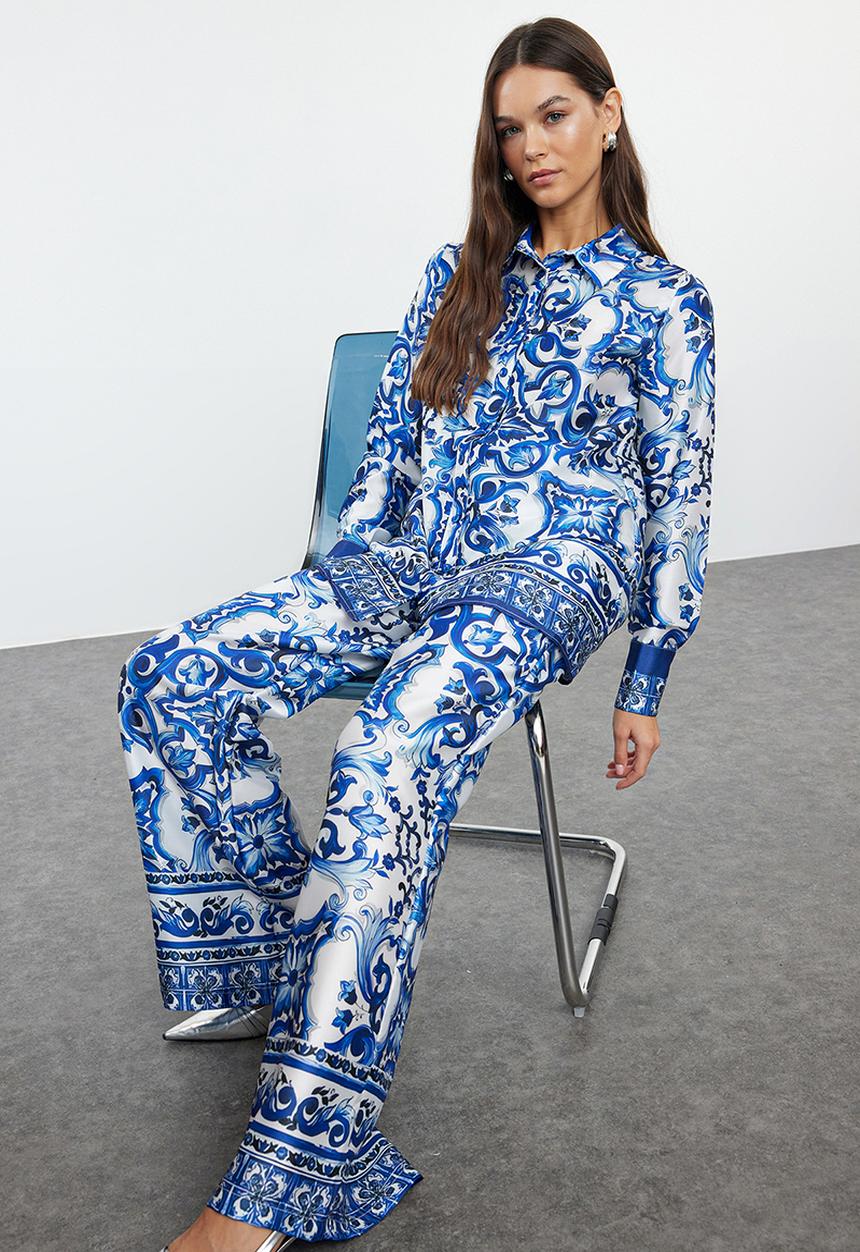 Trendyol - Satin Woven Patterned Top and Bottom Set - Blue