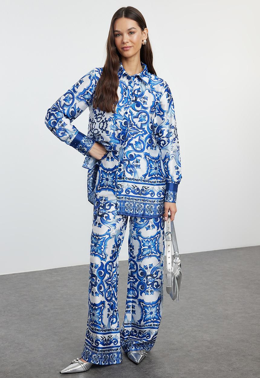 Trendyol - Satin Woven Patterned Top and Bottom Set - Blue