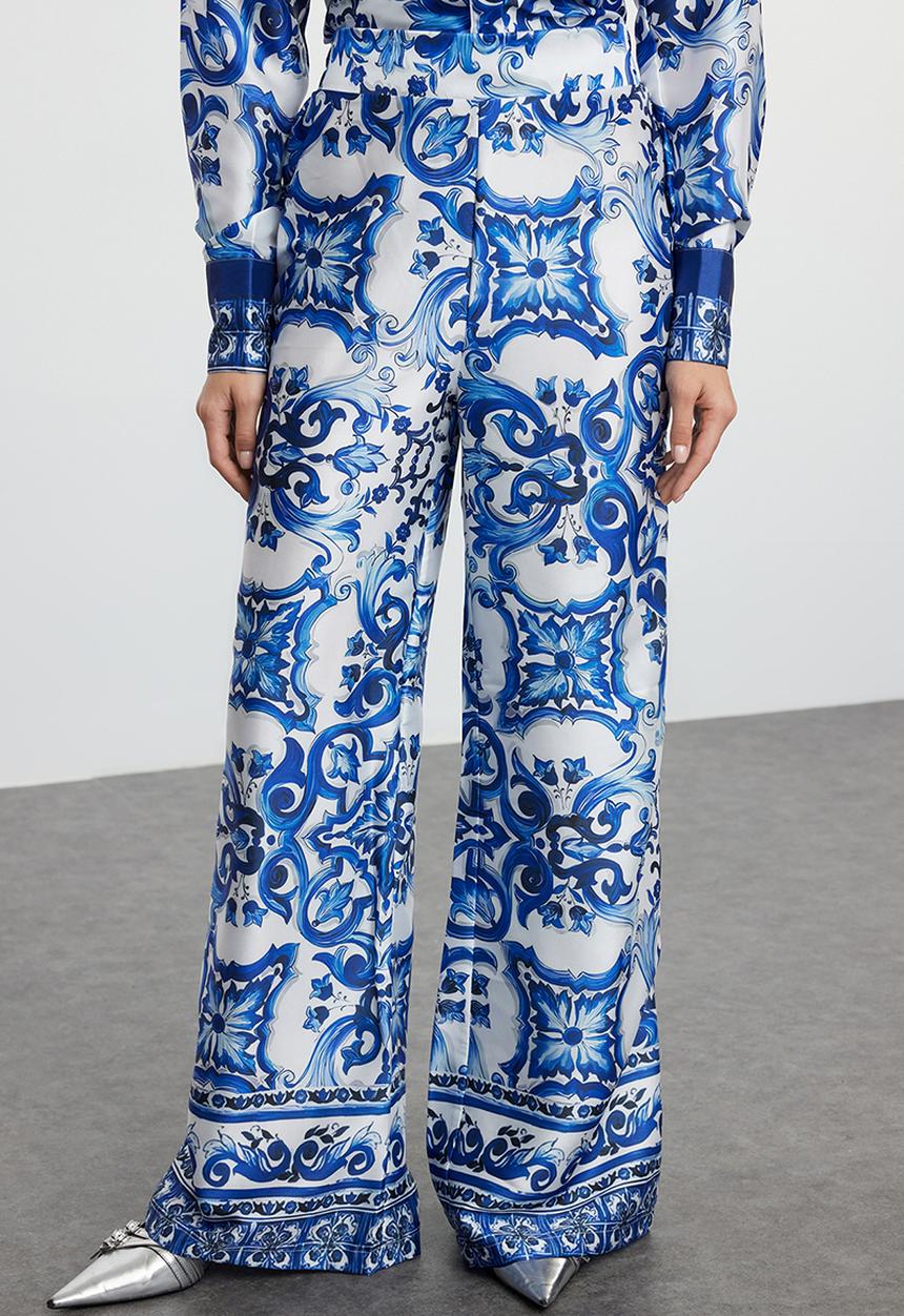 Trendyol - Satin Woven Patterned Top and Bottom Set - Blue