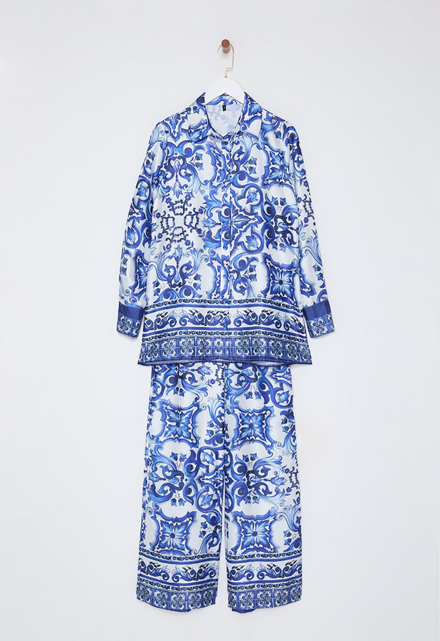 Trendyol - Satin Woven Patterned Top and Bottom Set - Blue