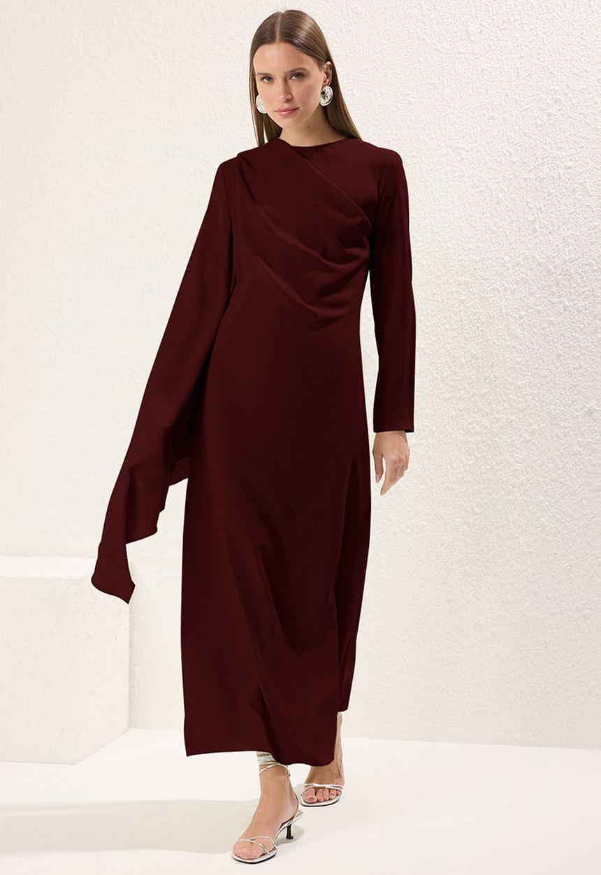 Trendyol - Shawl Detail Evening Dress - Burgundy