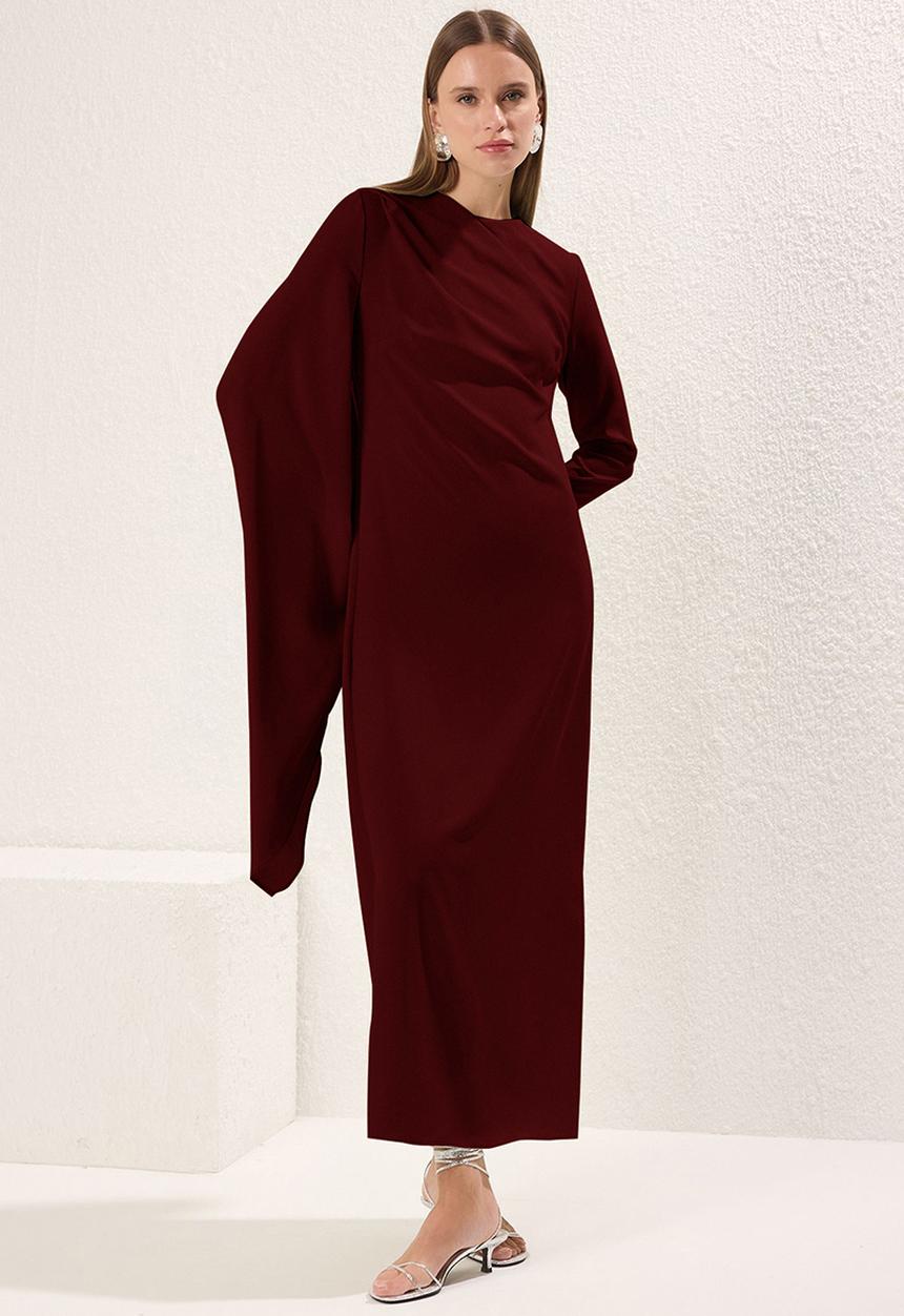 Trendyol - Shawl Detail Evening Dress - Burgundy