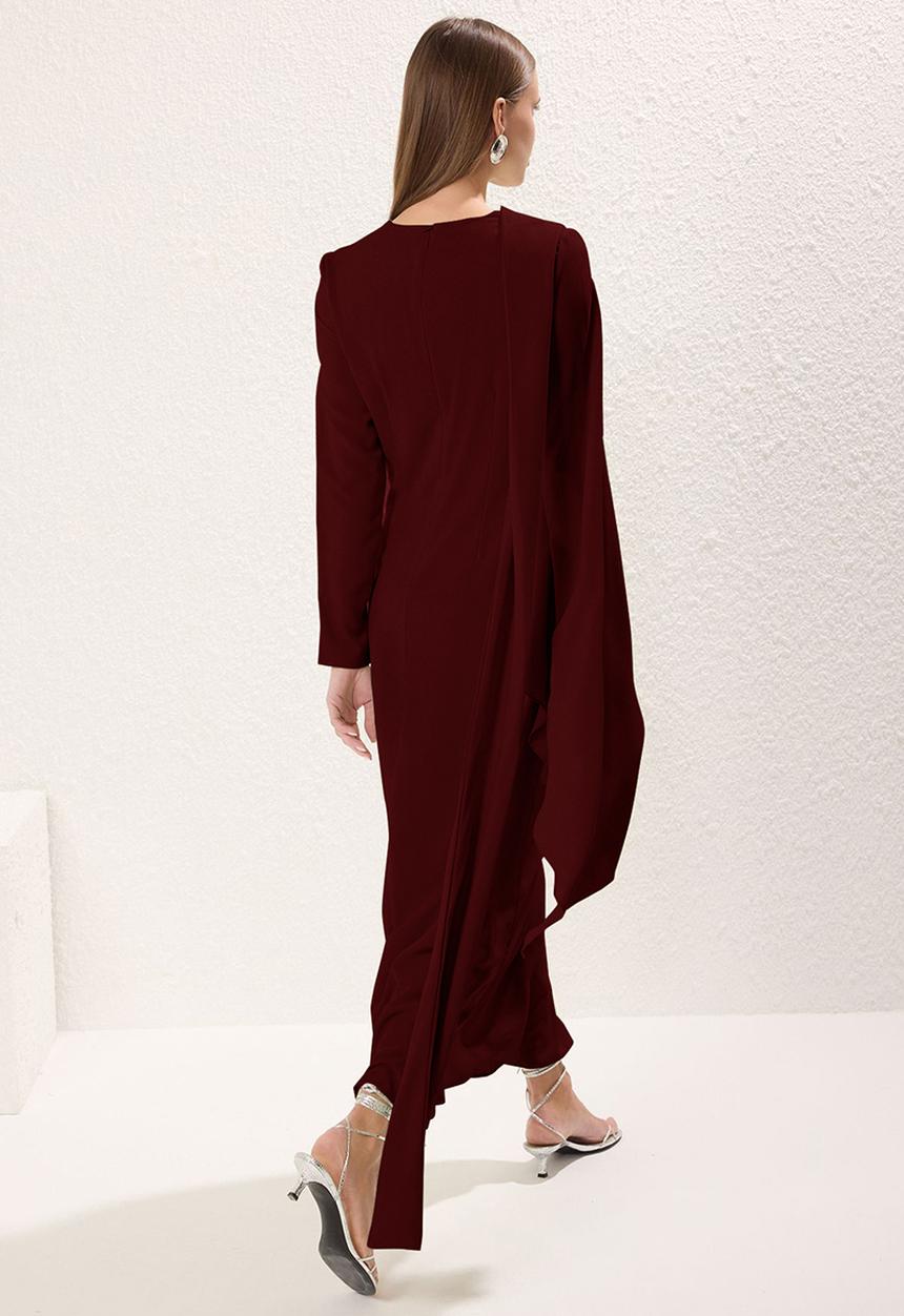 Trendyol - Shawl Detail Evening Dress - Burgundy