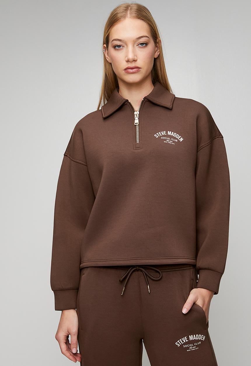 Steve Madden - Ladies julian scuba sweat with collar & zip  - bitter choc