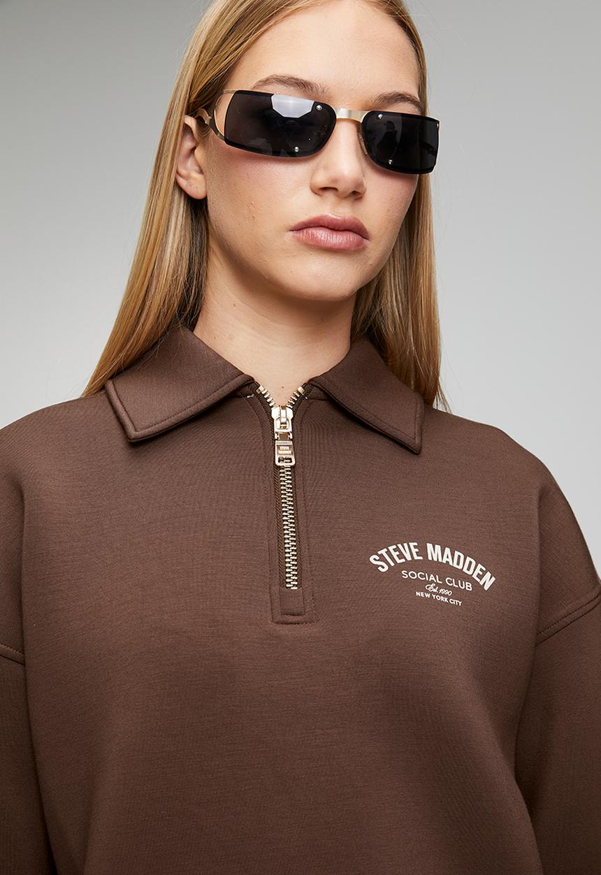 Steve Madden - Ladies julian scuba sweat with collar & zip  - bitter choc