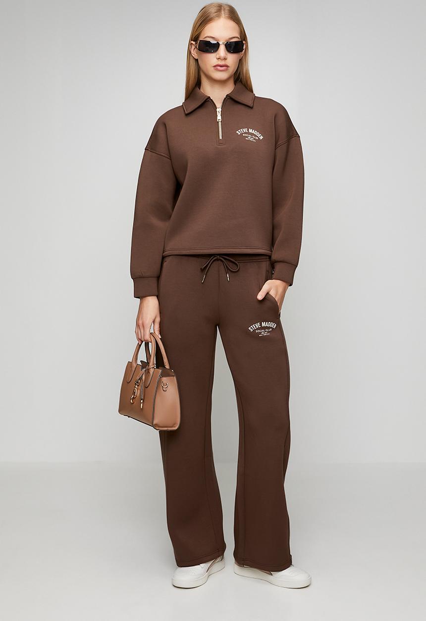 Steve Madden - Ladies julian scuba sweat with collar & zip  - bitter choc