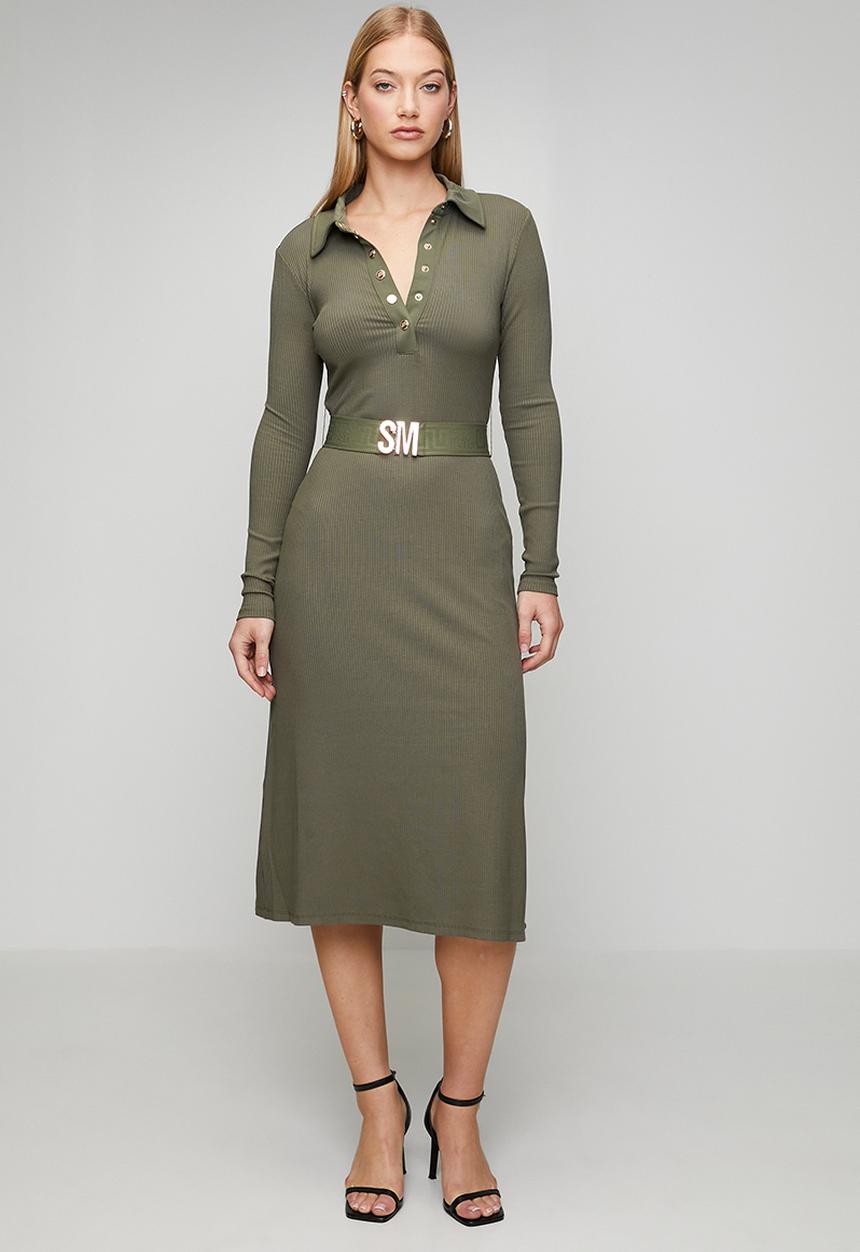 Steve Madden - Ladies scarlet belted midi dress - light fatigue