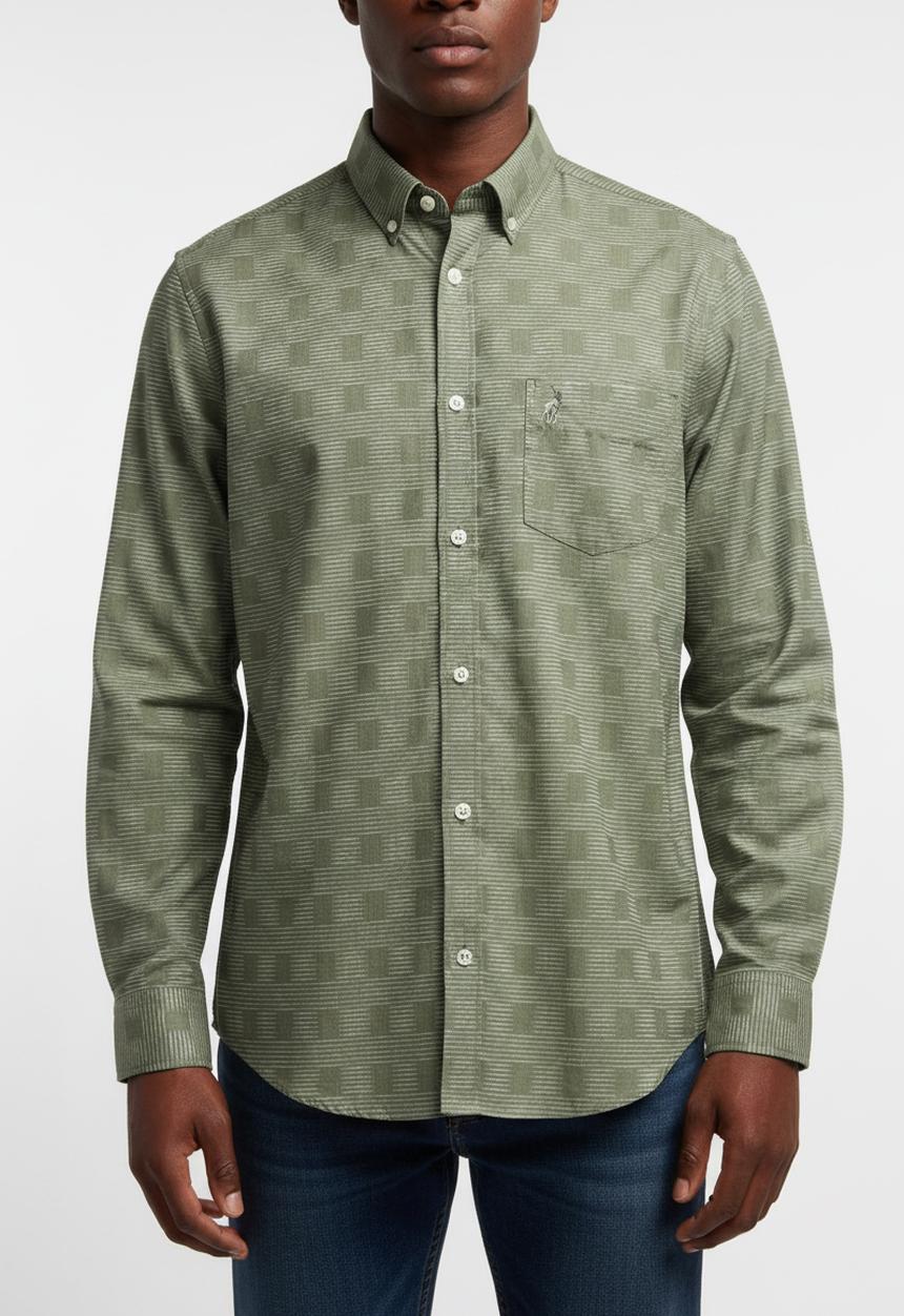 POLO - Jackson Long Sleeve Micro Check Shirt - Fatigue