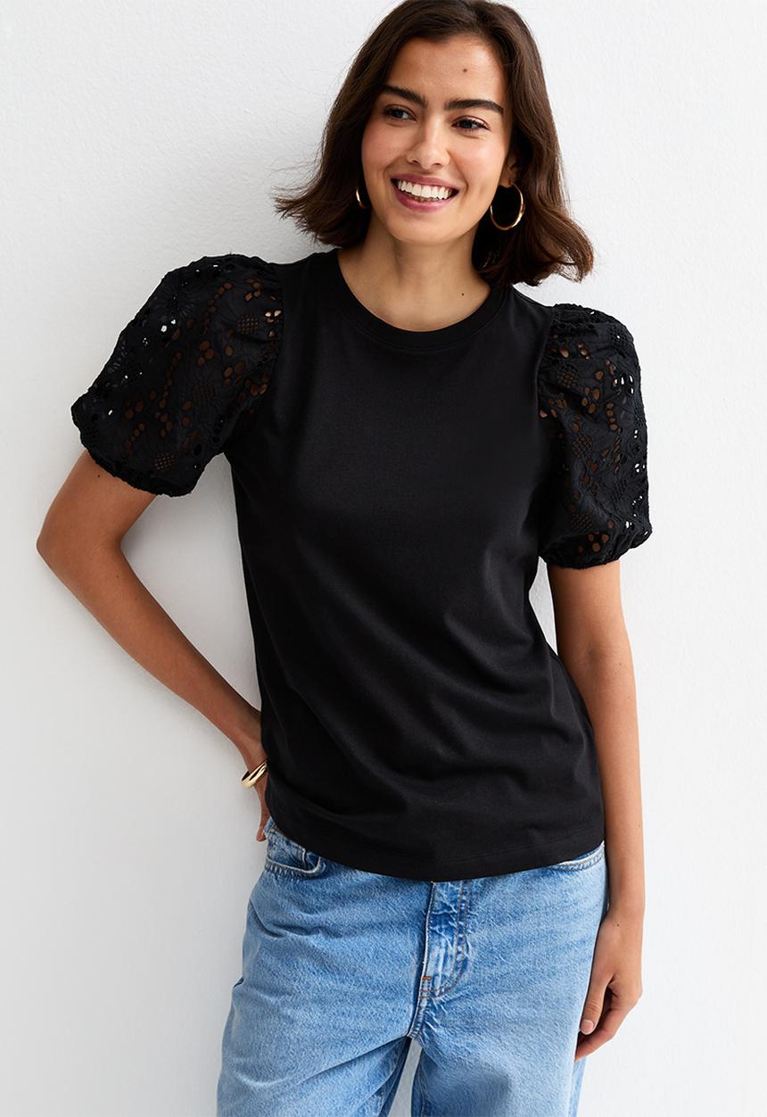 New Look - Vde broderie puff sleeve  - black