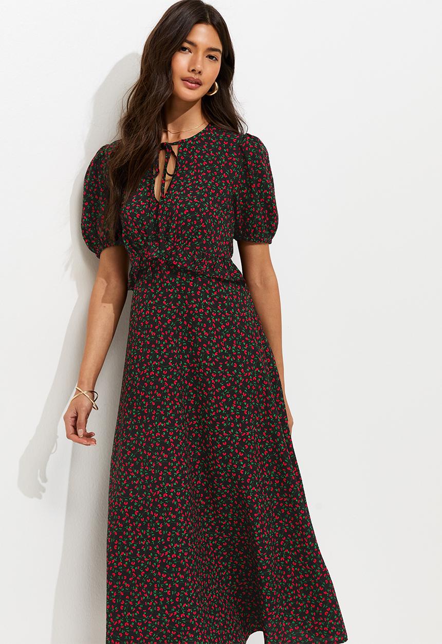 New Look - Ex ditsy ss keyhole midi  - black