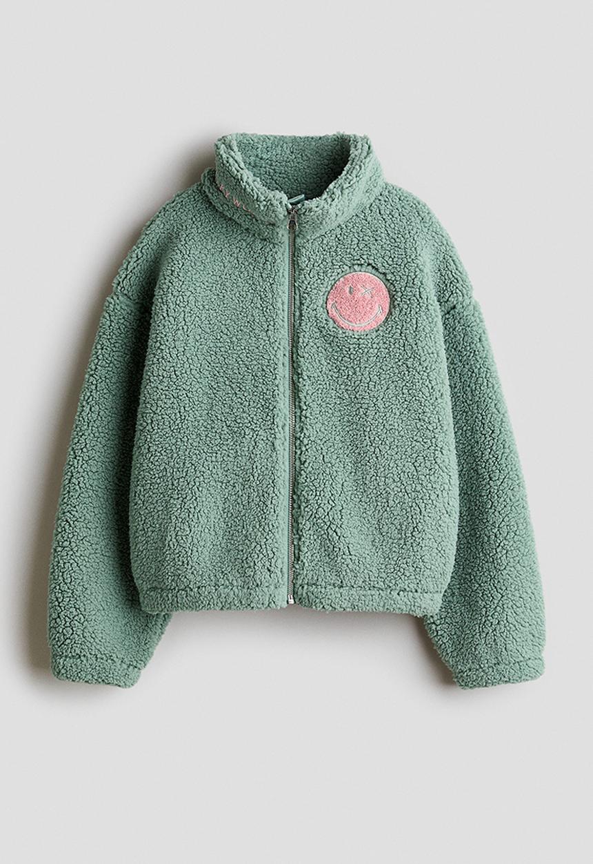 H&M - Motif-detail teddy jacket - green/smileyworld
