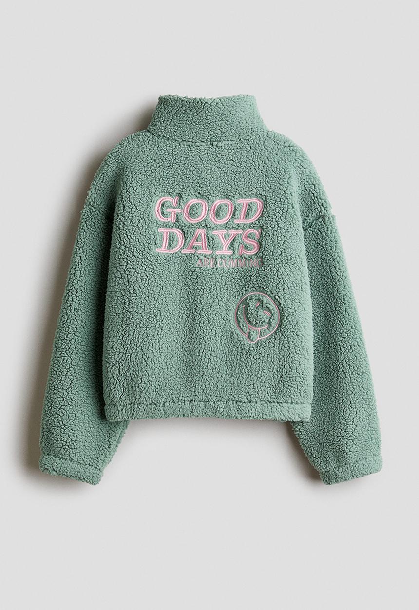 H&M - Motif-detail teddy jacket - green/smileyworld