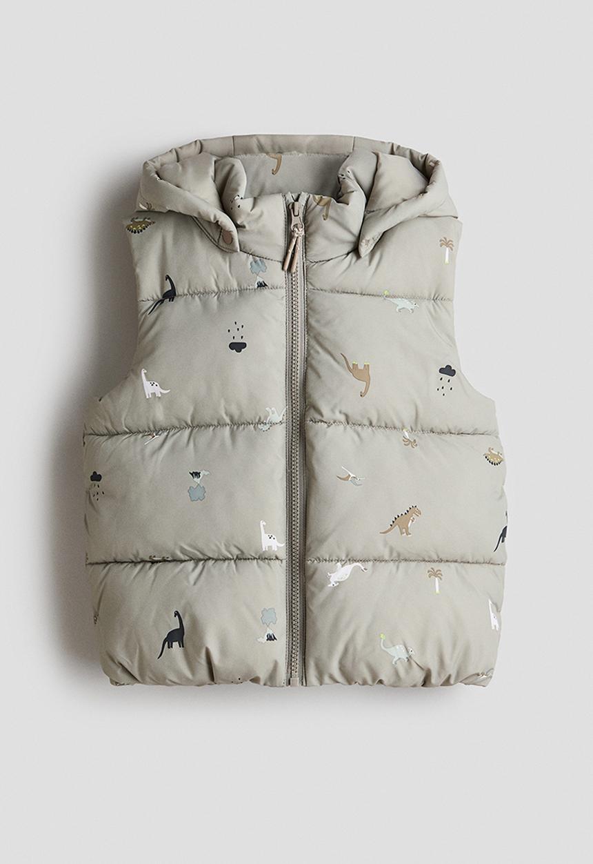 H&M - Hooded puffer gilet - light dusty green/dinosaurs
