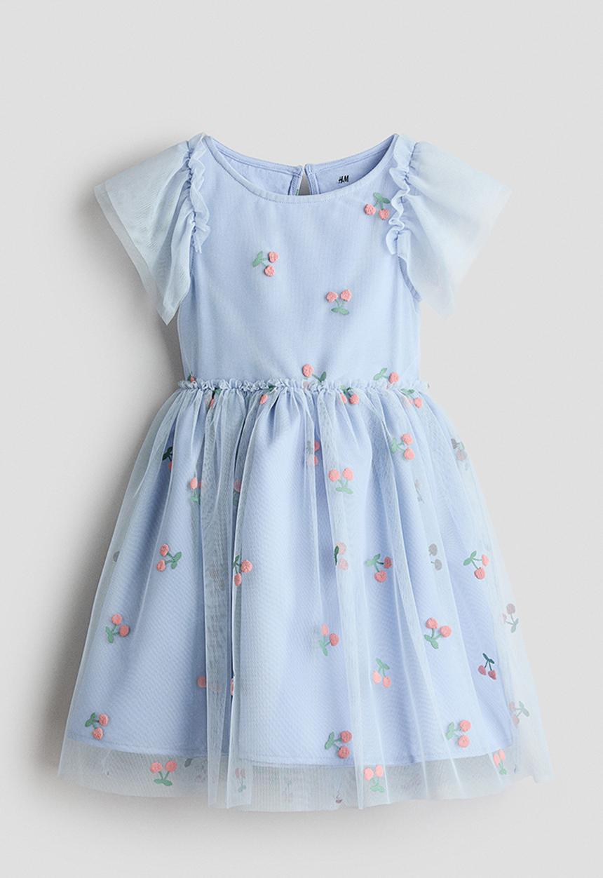 H&M - Printed tulle dress - light blue/cherries