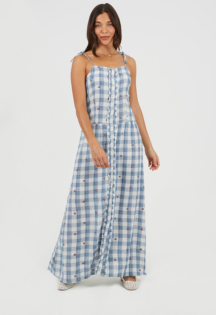 Brave Soul - Ladies Button Front Maxi Dress With Embroidery Details - Blue/White