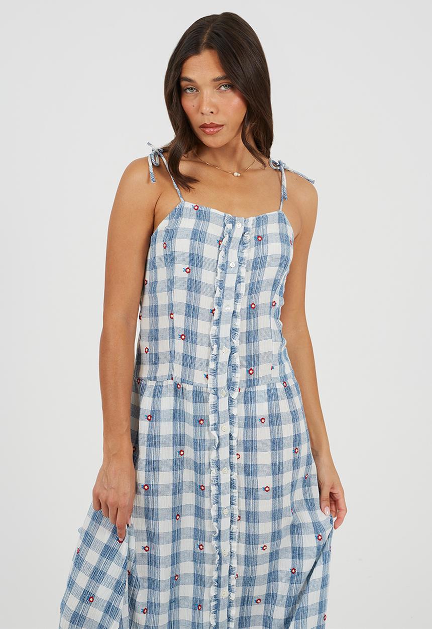 Brave Soul - Ladies Button Front Maxi Dress With Embroidery Details - Blue/White