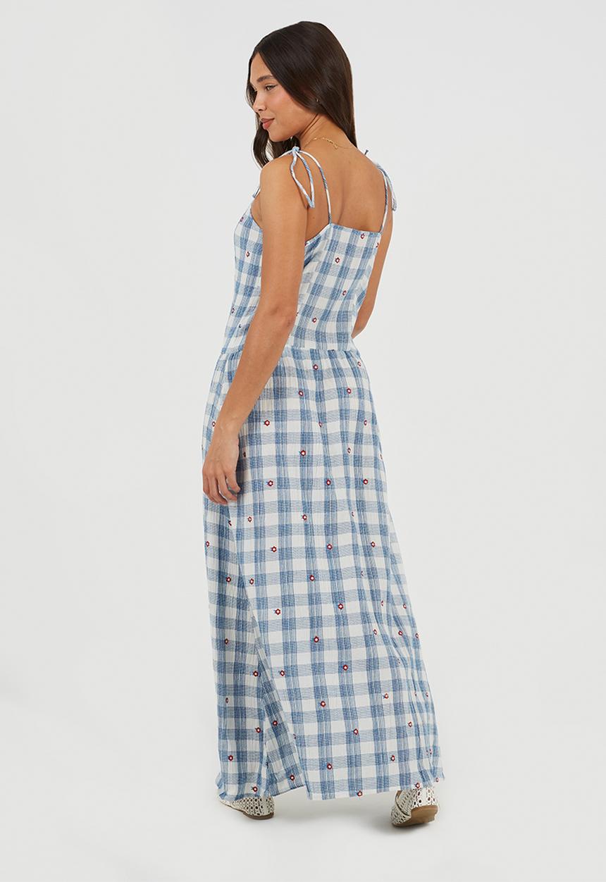 Brave Soul - Ladies Button Front Maxi Dress With Embroidery Details - Blue/White