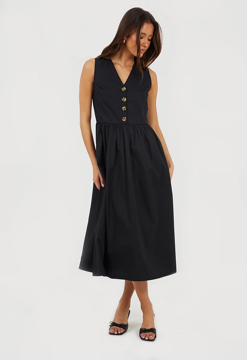 Brave Soul - Ladies Sleeveless V Neck Button Down Midi Dress - Black