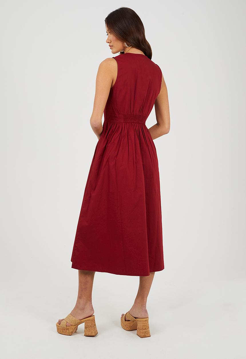 Brave Soul - Ladies Sleeveless V Neck Button Down Midi Dress - Red