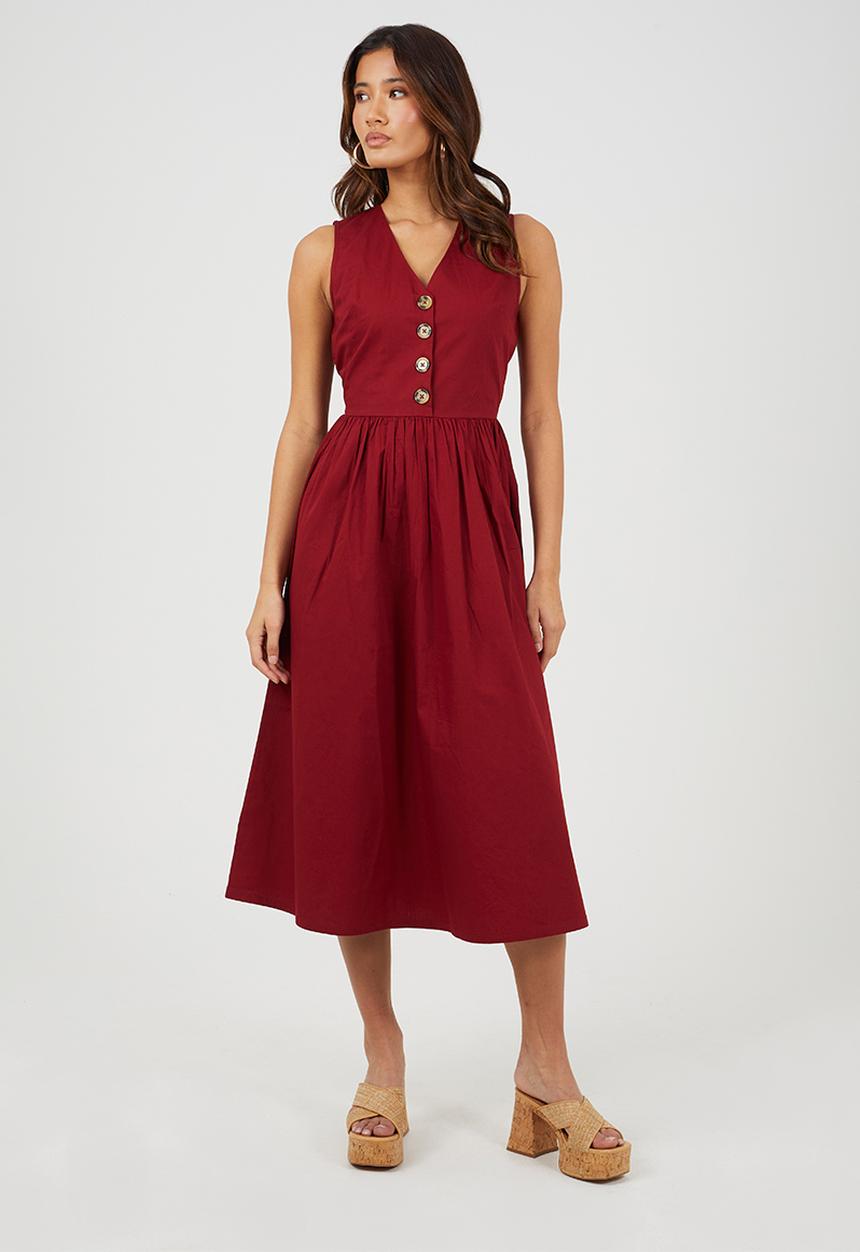 Brave Soul - Ladies Sleeveless V Neck Button Down Midi Dress - Red