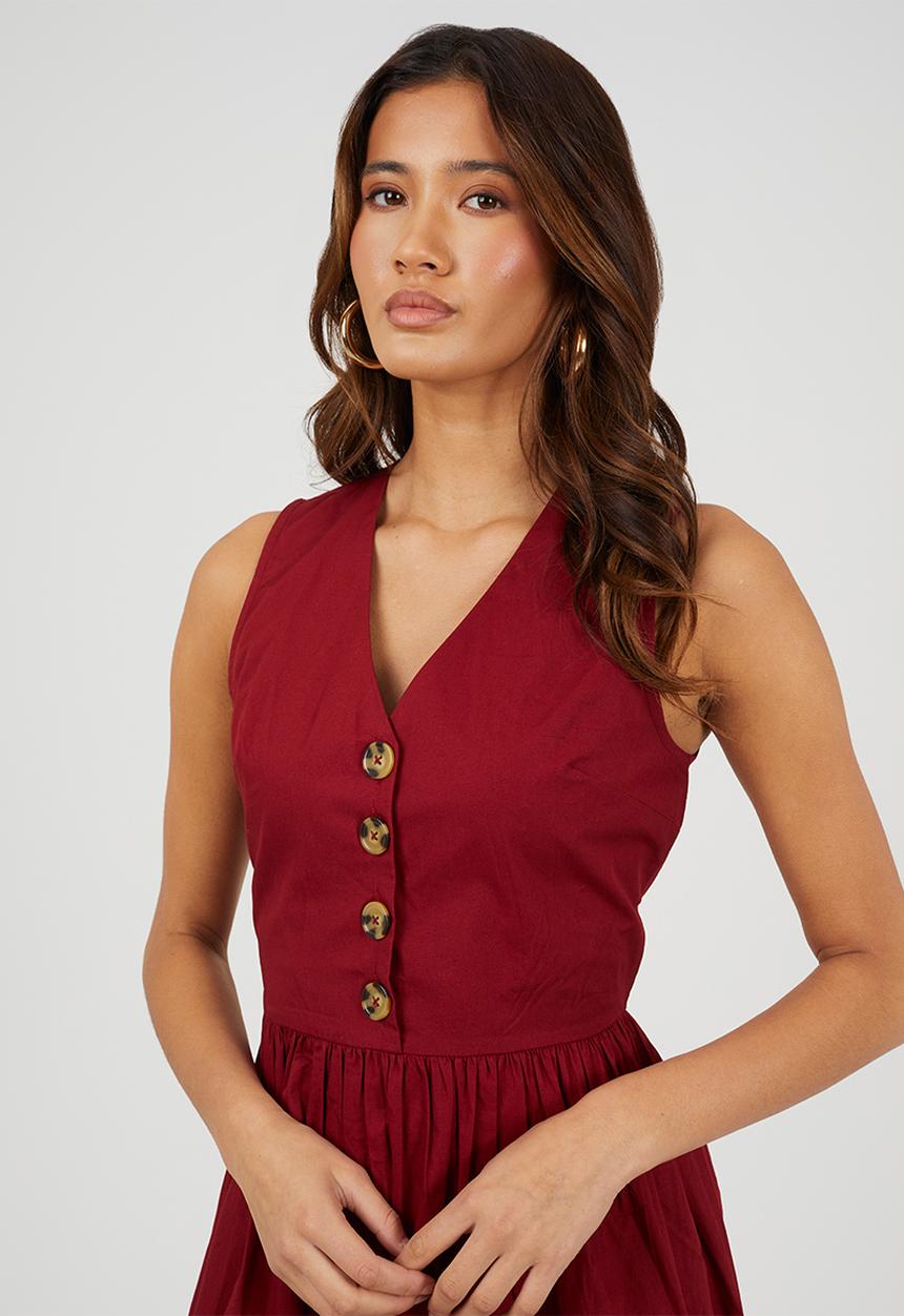 Brave Soul - Ladies Sleeveless V Neck Button Down Midi Dress - Red