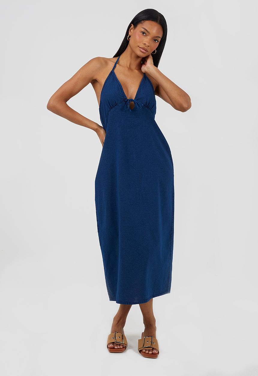 Brave Soul - Ladies Halter Neck Enzyme-Washed Chambray Midi Dress - Indigo Wash