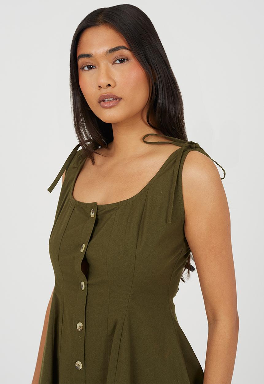 Brave Soul - Ladies Cream Panelled A-Line Mini Dress With Button Details - Khaki