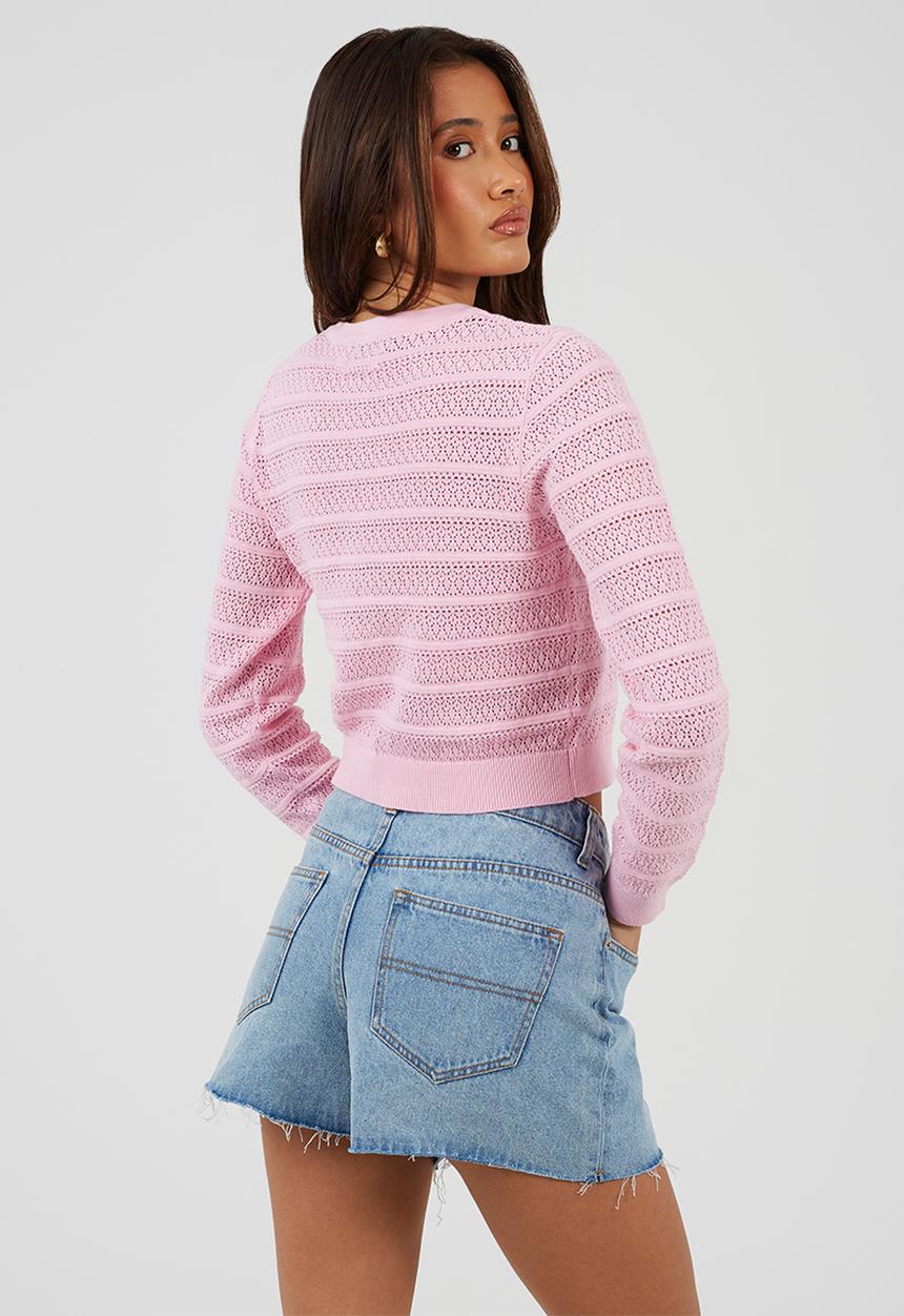 Brave Soul - Ladies Crew Neck Button Through Cardigan With All Over Stitch Repeat - Pink