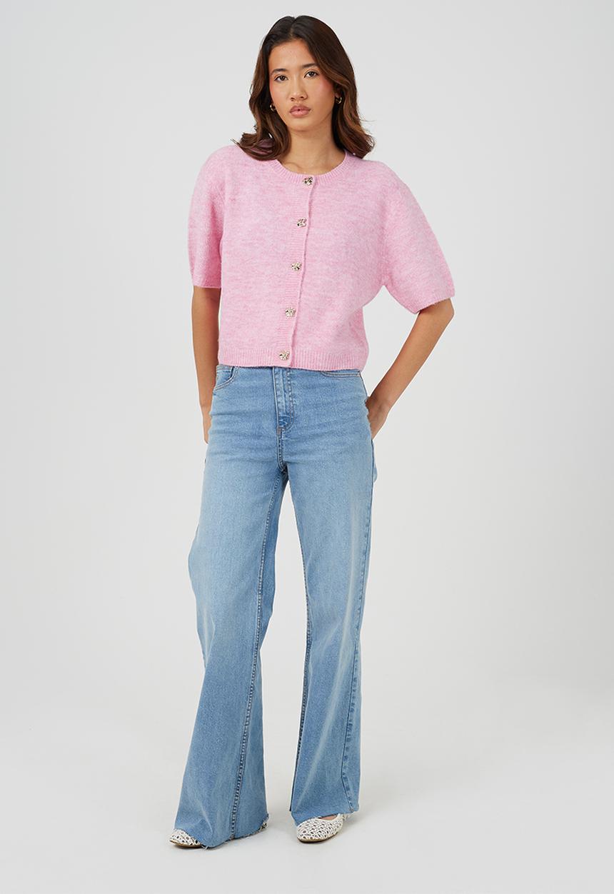 Brave Soul - Ladies Raglan Jersey Knit Short Sleeves Cardi With Buttons - Pink