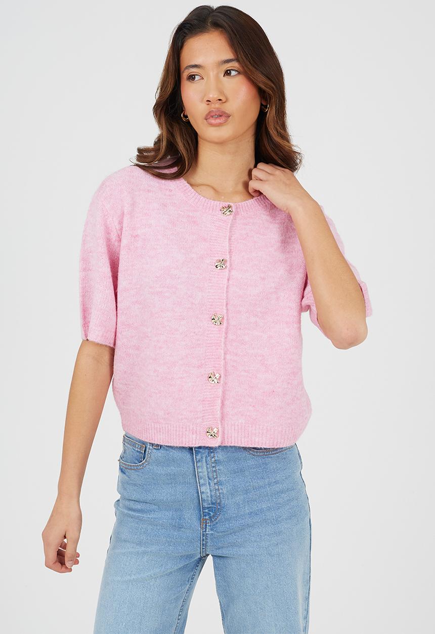 Brave Soul - Ladies Raglan Jersey Knit Short Sleeves Cardi With Buttons - Pink