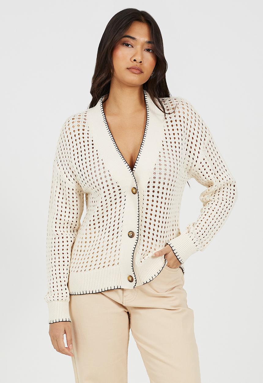 Brave Soul - Ladies V-Neck Boxy Cardigan And Tortoiseshell Buttons - Cream