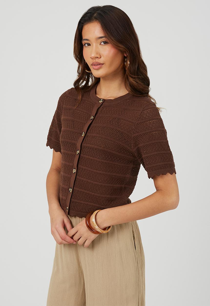 Brave Soul - Ladies Button Through Cardigan With All Over Stitch Repeat - Chocolate