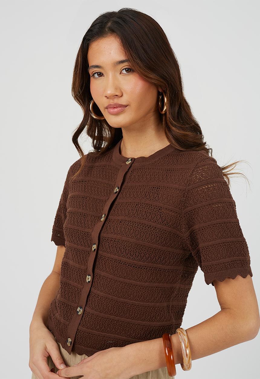 Brave Soul - Ladies Button Through Cardigan With All Over Stitch Repeat - Chocolate