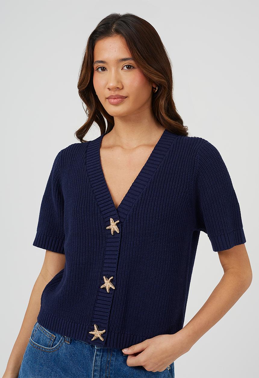 Brave Soul - Ladies V Neck Short Sleeve Cardi With Gold Starfish Button Through - Navy
