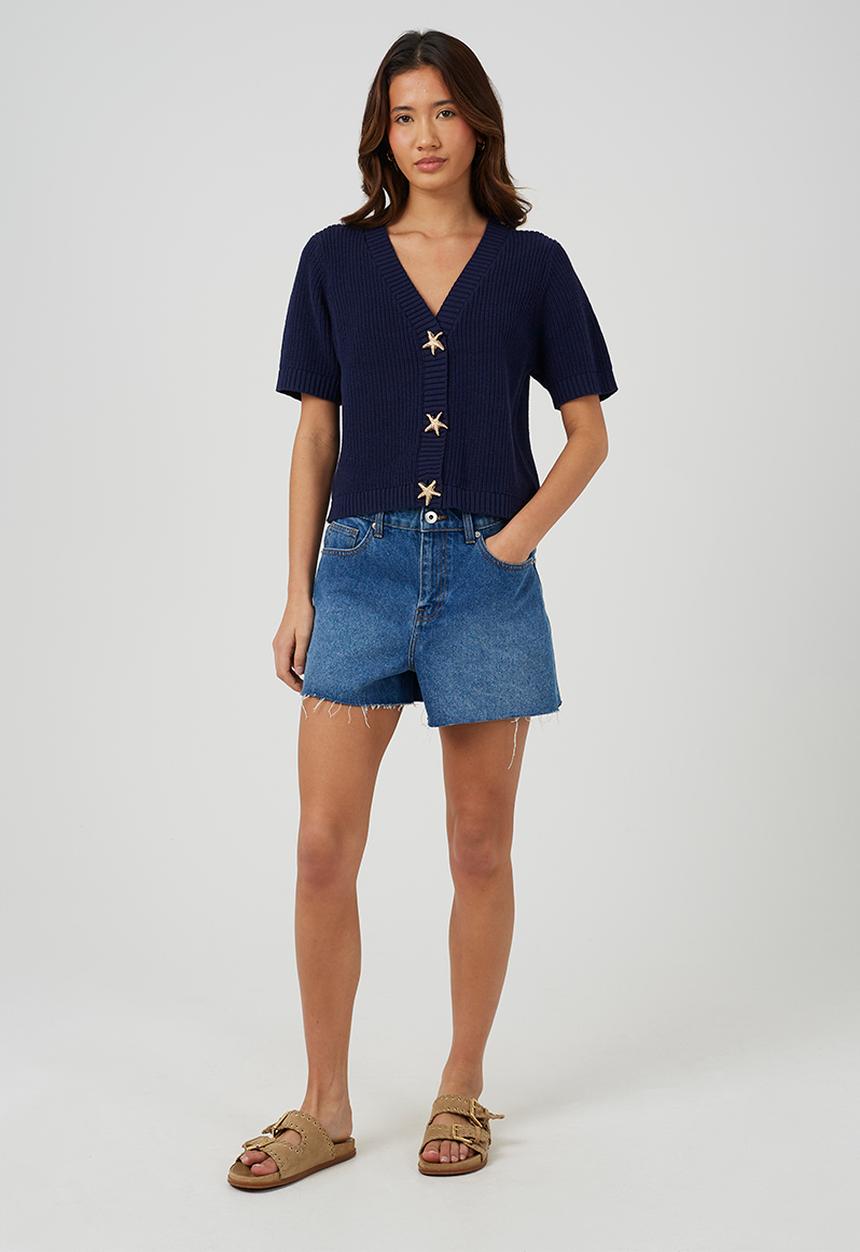Brave Soul - Ladies V Neck Short Sleeve Cardi With Gold Starfish Button Through - Navy