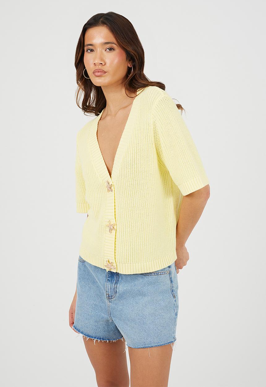 Brave Soul - Ladies V Neck Short Sleeve Cardi With Gold Starfish Button Through - Yellow
