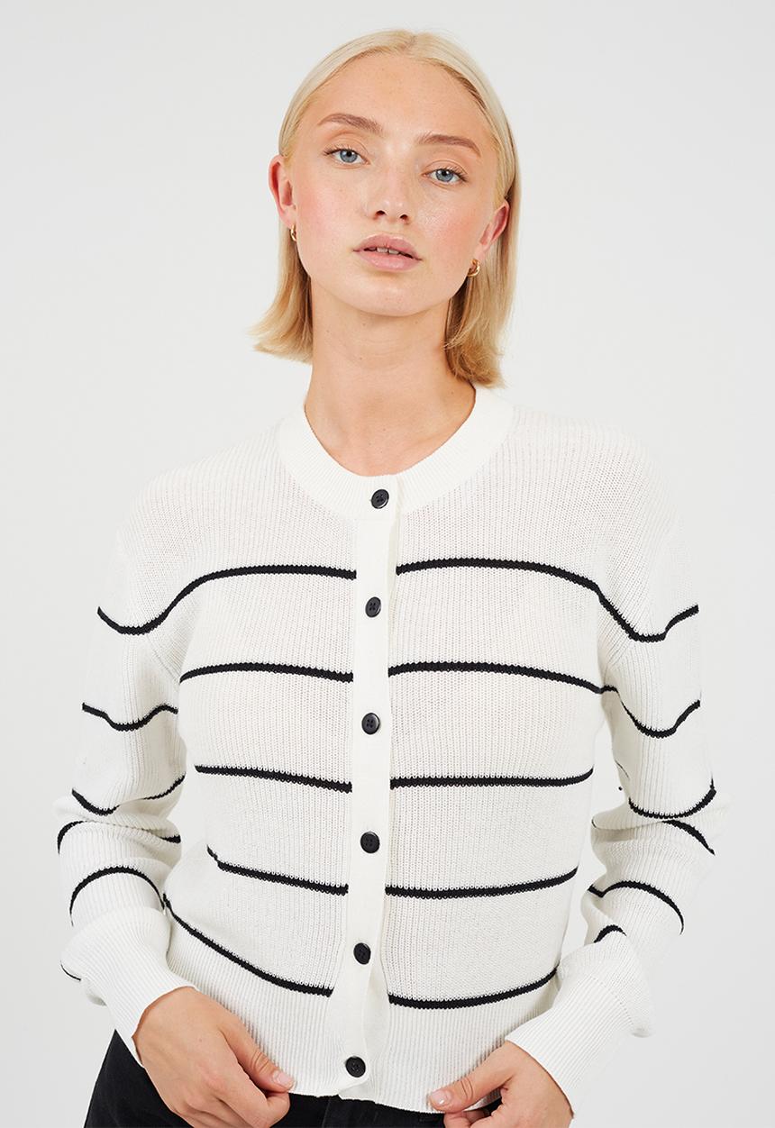 Brave Soul - All Over Fisherman Knit Cardi With Black Stripe And Black Buttons - White / Black Stripes
