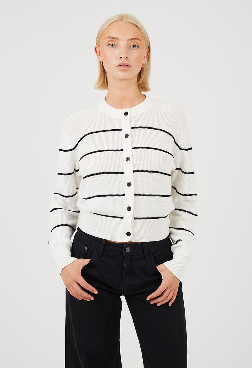 Brave Soul - All Over Fisherman Knit Cardi With Black Stripe And Black Buttons - White / Black Stripes