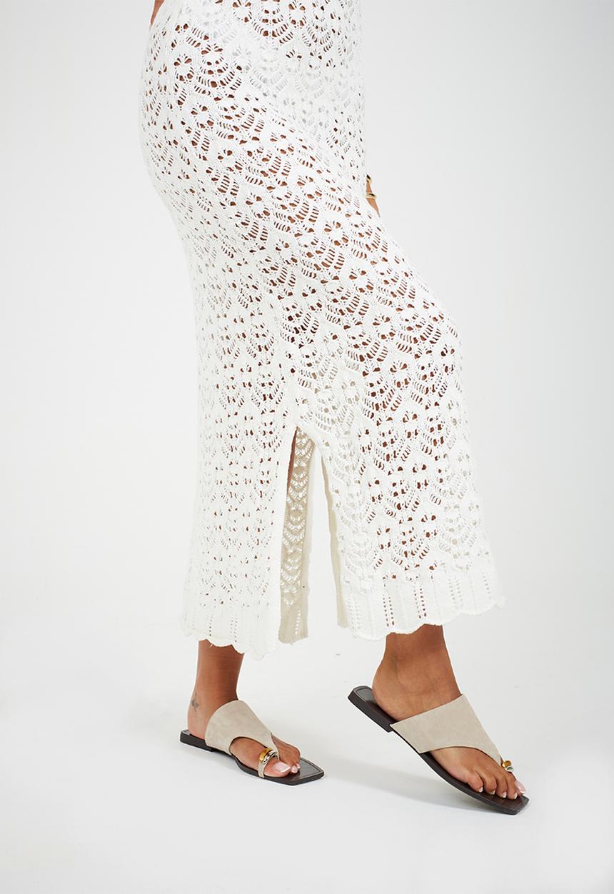 Brave Soul - Ladies Pointelle V-Neck Open Knit Midi Dress With Scallop Hem - White