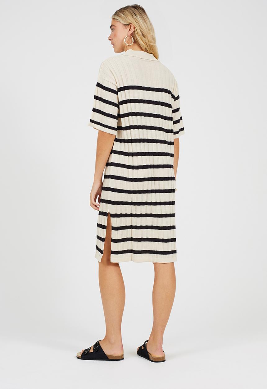 Brave Soul - Oversized Striperibbed Dress With Collar, Short Sleeve And Side Split - Stone/Black Stripe