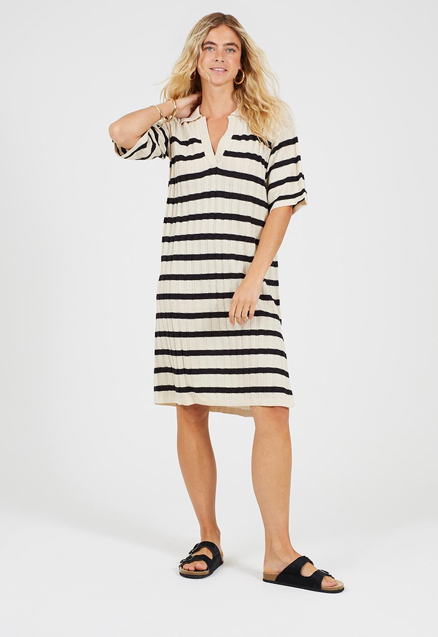 Brave Soul - Oversized Striperibbed Dress With Collar, Short Sleeve And Side Split - Stone/Black Stripe
