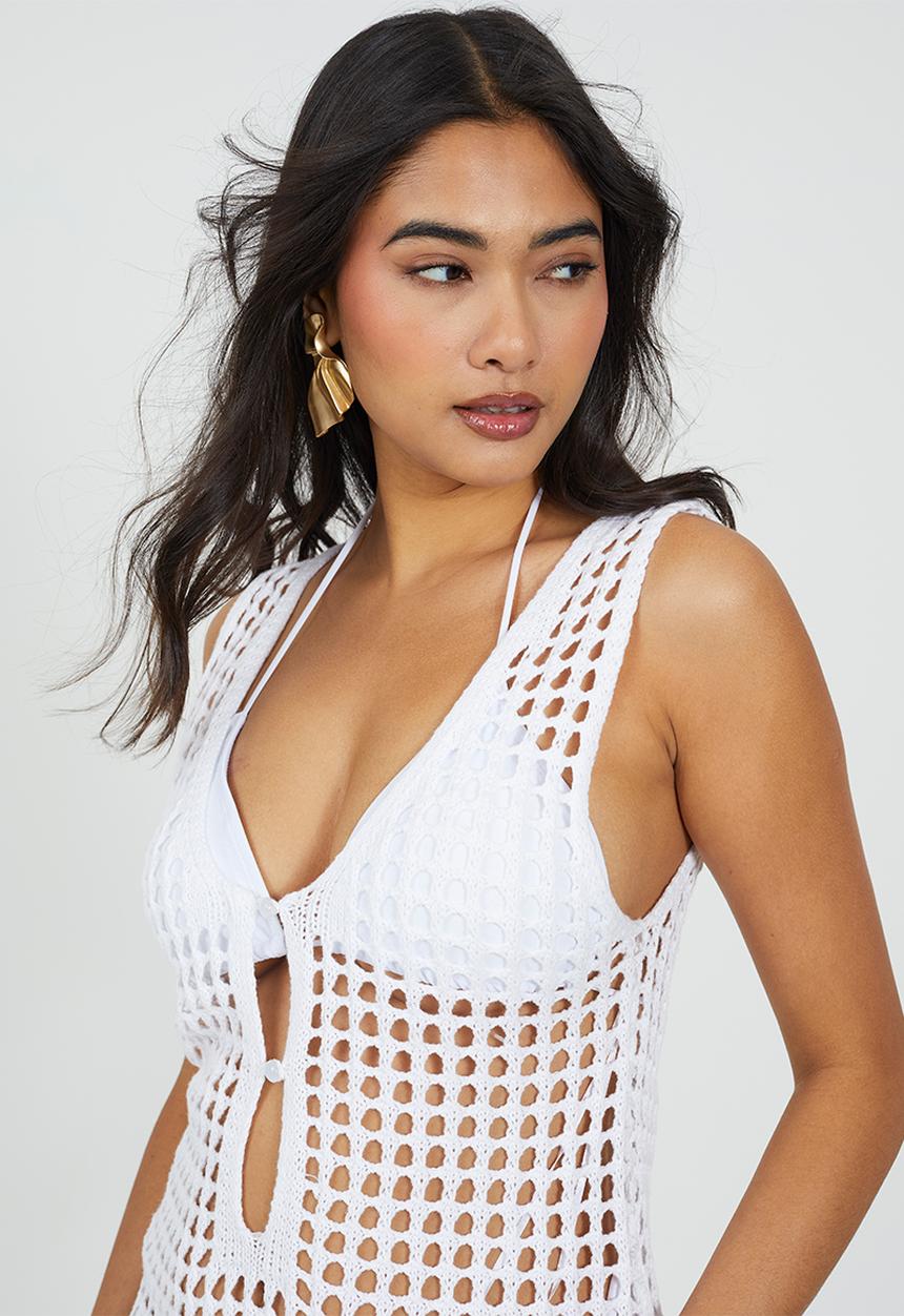 Brave Soul - Ladies Mesh Crochet Midi Dress With Side Splits - White