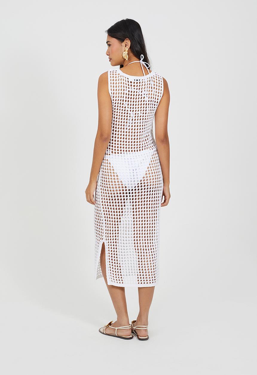 Brave Soul - Ladies Mesh Crochet Midi Dress With Side Splits - White