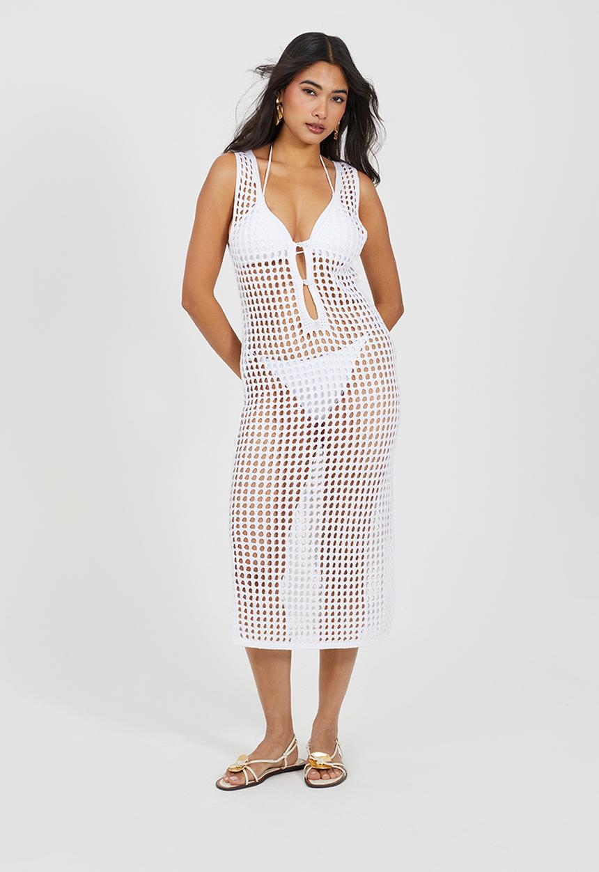 Brave Soul - Ladies Mesh Crochet Midi Dress With Side Splits - White