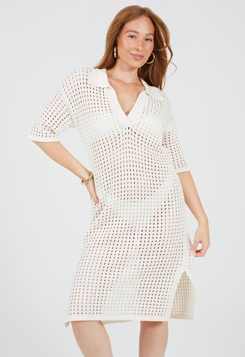 Brave Soul - Ladies Collared Short Sleeve Dress In Open Knit Mesh Stitch Side Split Hem - White