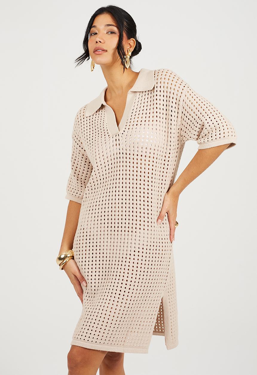 Brave Soul - Ladies Collared Short Sleeve Dress In Open Knit Mesh Stitch Side Split Hem - Stone