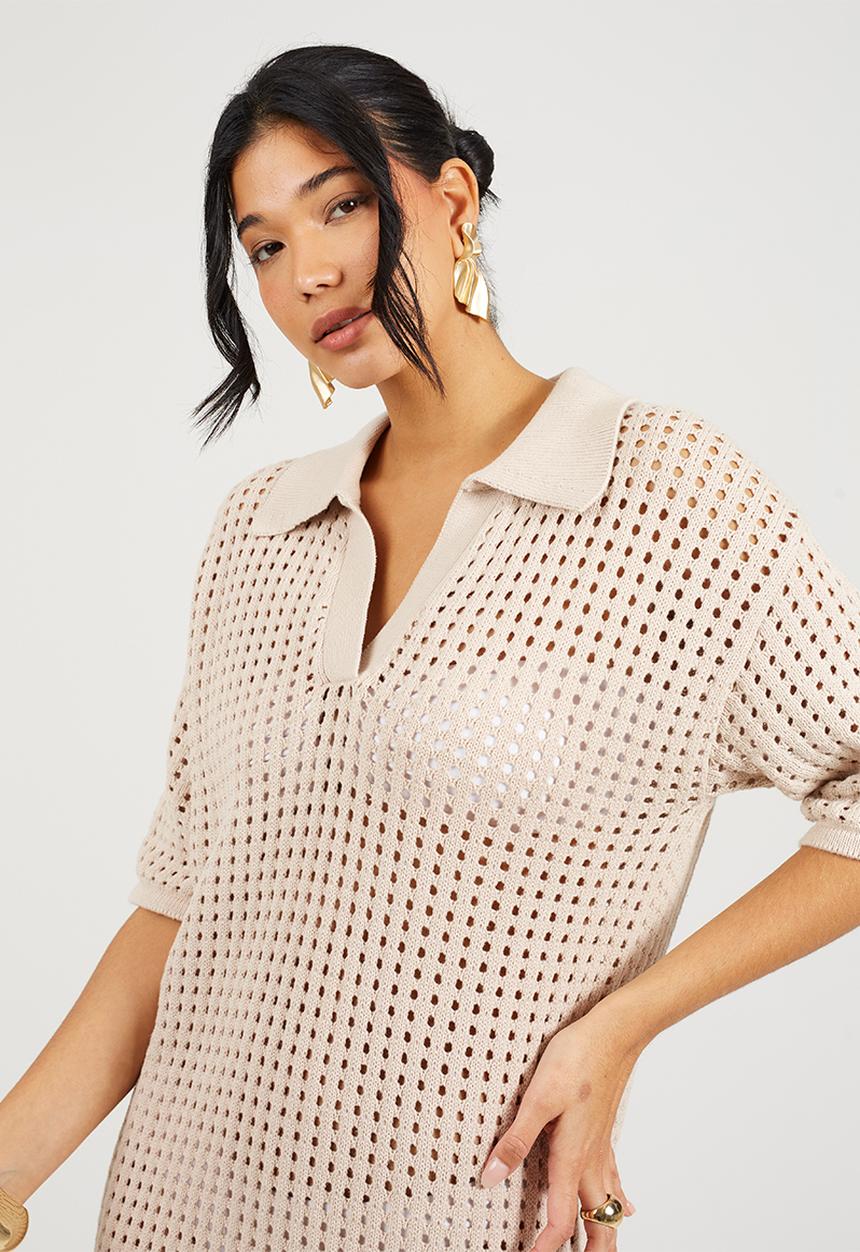 Brave Soul - Ladies Collared Short Sleeve Dress In Open Knit Mesh Stitch Side Split Hem - Stone