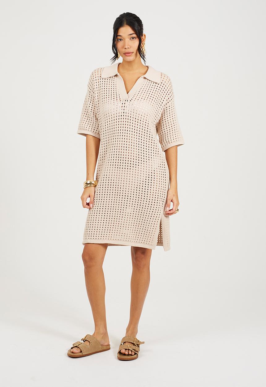 Brave Soul - Ladies Collared Short Sleeve Dress In Open Knit Mesh Stitch Side Split Hem - Stone