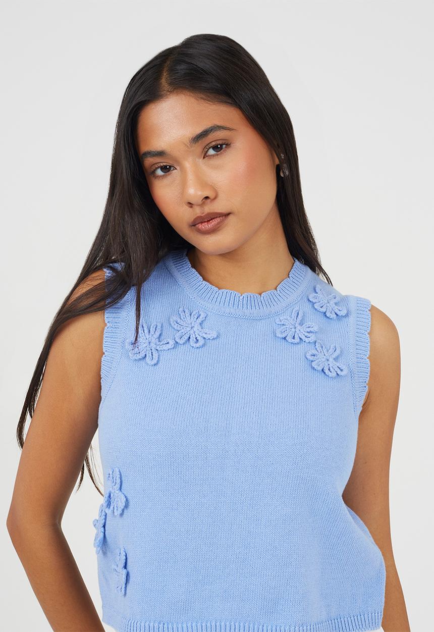 Brave Soul - Ladies Crew Neck Knitted Tank With Crochet Flower Placement - Blue